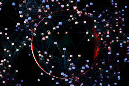 Technology concept of cubes connecting to giant sphere in cyberspace