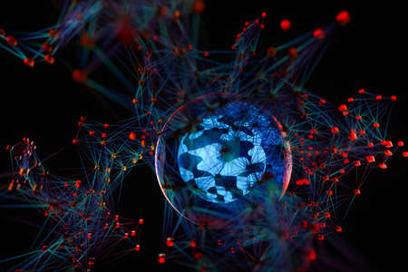 Technology concept of cubes connecting to giant sphere in cyberspaceの写真素材