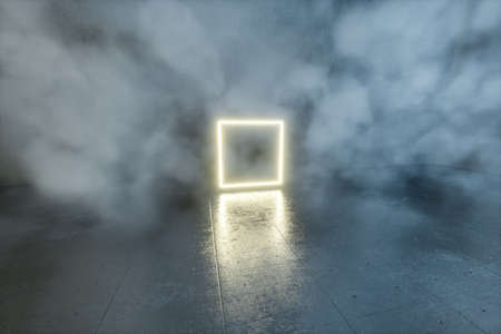 An empty concrete room and square frame with glowing light filled with mist, 3d rendering. Computer...