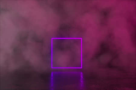 An empty concrete room and square frame with glowing light filled with mist, 3d rendering. Computer digital drawing.の写真素材