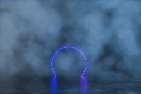 An empty concrete room and glowing arch filled with mist, 3d rendering. Computer digital drawing.の写真素材