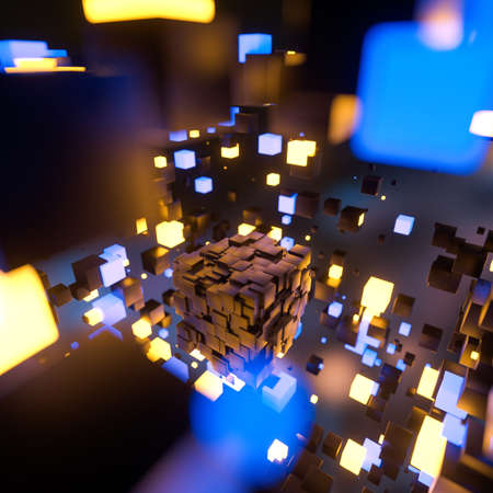 Dark cubes randomly distributed in the air, 3d rendering. Computer digital background.の写真素材