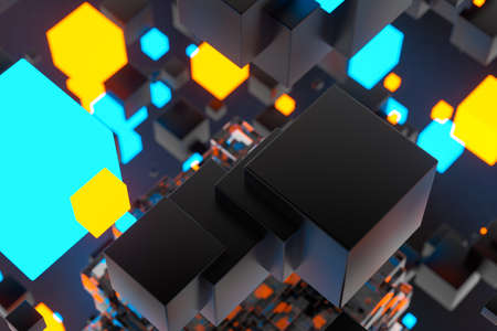 Dark cubes randomly distributed in the air, 3d rendering. Computer digital background.