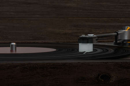 The old wooden vinyl record player on the table, 3d rendering. Computer digital drawing.の写真素材