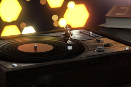 The old wooden vinyl record player on the table, 3d rendering. Computer digital drawing.