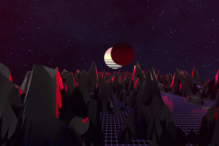 3d background Illustration Inspired by 80's Scene synthwave and retrowave. Computer digital drawing.の写真素材