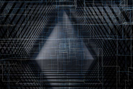 Dark triangle tunnel with glowing hud lines, 3d rendering. Computer digital drawing.の写真素材