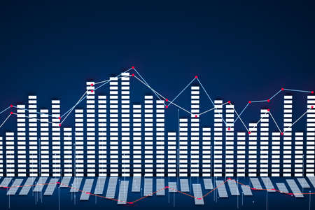 Business chart with line graph, bar chart and numbers on dark background, 3d rendering. Computer digital drawing.の写真素材