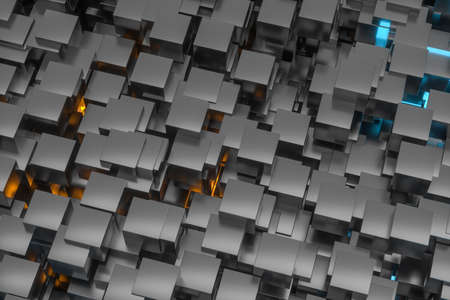 A room full with dark cubes, Illuminated by glowing cubes, 3d rendering. Computer digital drawing.