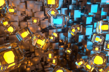 A room full with dark cubes, Illuminated by glowing cubes, 3d rendering. Computer digital drawing.