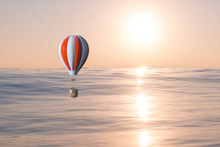 Hot air balloon flying over the ocean, 3d rendering. Computer digital drawing.の写真素材