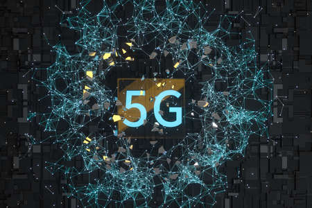 3d rendering, 5g font and circuit background, computer digital drawing.