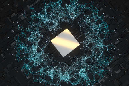 Circuit board with glowing cube and lines, 3d rendering. Computer digital drawing.
