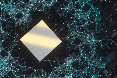 Circuit board with glowing cube and lines, 3d rendering. Computer digital drawing.の写真素材