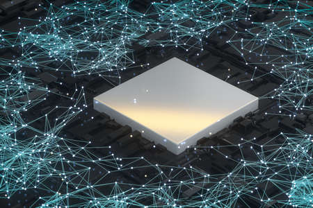 Circuit board with glowing cube and lines, 3d rendering. Computer digital drawing.の写真素材