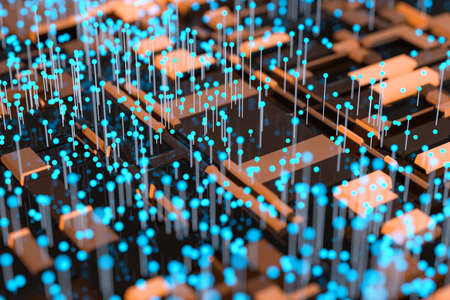 Circuit board with glowing cube and lines, 3d rendering. Computer digital drawing.