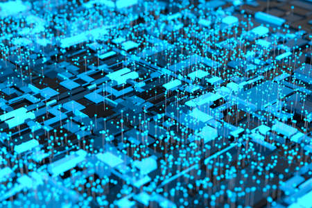 Circuit board with glowing cube and lines, 3d rendering. Computer digital drawing.