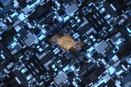 Circuit board with glowing cube and lines, 3d rendering. Computer digital drawing.
