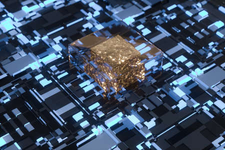Circuit board with glowing cube and lines, 3d rendering. Computer digital drawing.