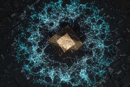 Circuit board with glowing cube and lines, 3d rendering. Computer digital drawing.の写真素材