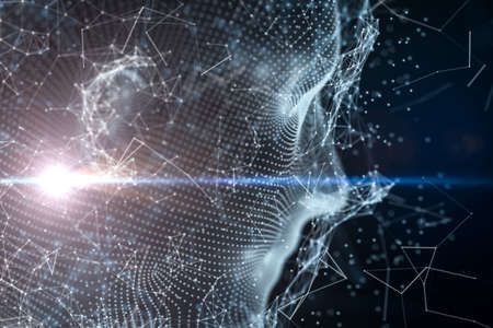 Human head made up of technological lines with the concept of Artificial Intelligence, 3D rendering....