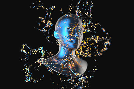 Blue metal human head with particles, 3d rendering. Computer digital drawing.