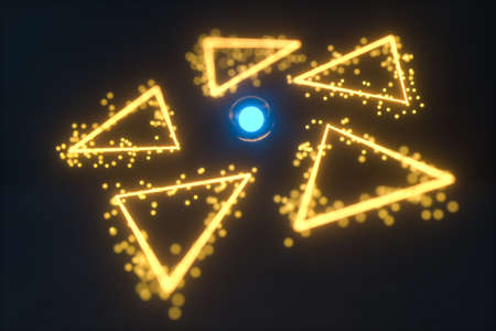 Glowing triangles and particles with dark background, 3d rendering. Computer digital drawing.の写真素材