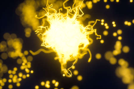 Glowing triangles and particles with dark background, 3d rendering. Computer digital drawing.