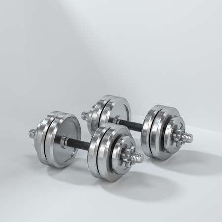 Dumbbells with black background, fitness theme, 3d rendeirng. Computer digital drawing.の写真素材