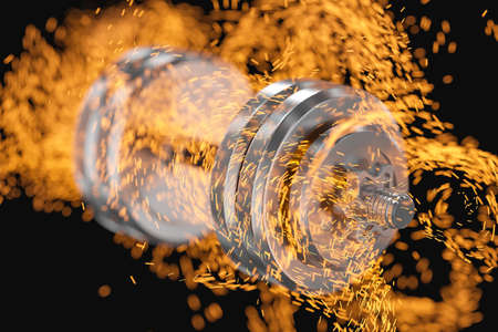 Burning dumbbells with black background, fitness theme, 3d rendeirng. Computer digital drawing.の写真素材