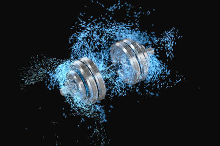 Burning dumbbells with black background, fitness theme, 3d rendeirng. Computer digital drawing.の写真素材