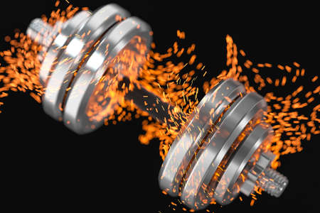 Burning dumbbells with black background, fitness theme, 3d rendeirng. Computer digital drawing.の写真素材