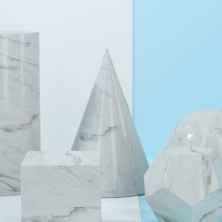 Still life presentation of geometric objects, 3d rendering. Computer digital drawing.の写真素材