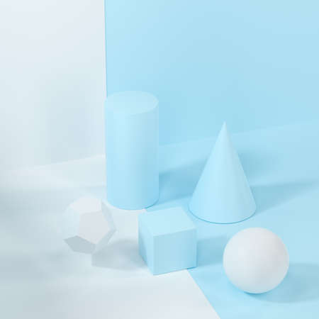 Still life presentation of geometric objects, 3d rendering. Computer digital drawing.