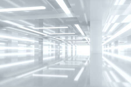 Empty bright room with glowing lines, 3d rendering. Computer digital drawing.の写真素材