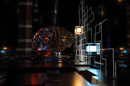 Brain and dark cubic space background, 3d rendering. Computer digital drawing.の写真素材