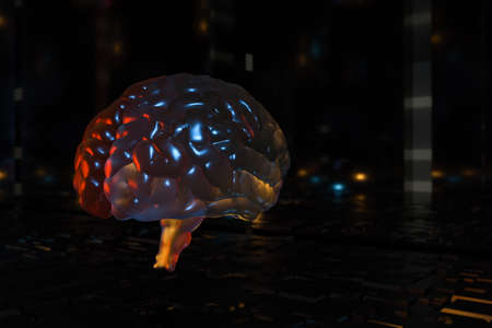 Brain and dark cubic space background, 3d rendering. Computer digital drawing.の写真素材