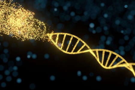 DNA particles and diffused glowing lines, 3d rendering. Computer digital drawing.の写真素材