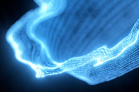 Glowing and flowing particles with dark background, 3d rendering. Computer digital drawing.の写真素材