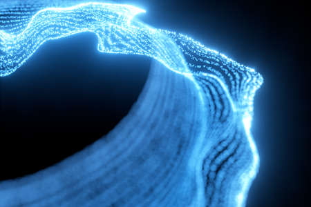 Glowing and flowing particles with dark background, 3d rendering. Computer digital drawing.の写真素材