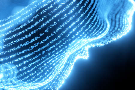 Glowing and flowing particles with dark background, 3d rendering. Computer digital drawing.の写真素材