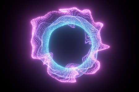 Glowing and flowing particles with dark background, 3d rendering. Computer digital drawing.の写真素材