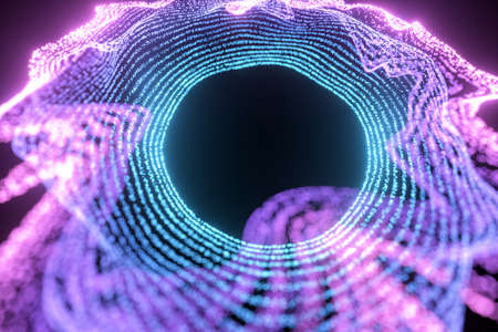 Glowing and flowing particles with dark background, 3d rendering. Computer digital drawing.の写真素材