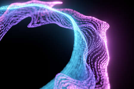 Glowing and flowing particles with dark background, 3d rendering. Computer digital drawing.の写真素材