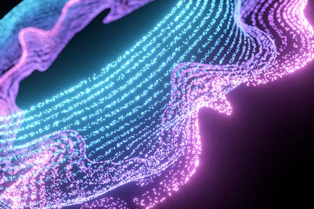 Glowing and flowing particles with dark background, 3d rendering. Computer digital drawing.の写真素材