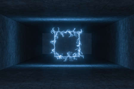 The particles with geometrical shape in a dark room, 3d rendering. Computer digital drawing.の写真素材