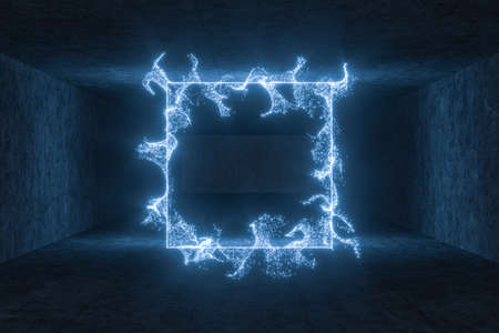 The particles with geometrical shape in a dark room, 3d rendering. Computer digital drawing.の写真素材