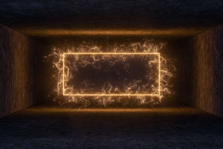 The particles with geometrical shape in a dark room, 3d rendering. Computer digital drawing.の写真素材