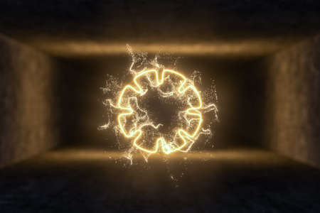 The particles with geometrical shape in a dark room, 3d rendering. Computer digital drawing.