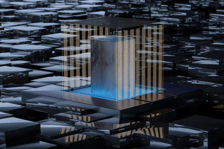 Blue and golden cube with glass material, 3d rendering. Computer digital drawing.
